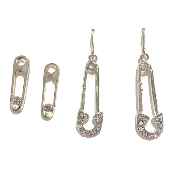 Safety Pin Earrings 2 Pairs Silver Tone Clear Rhinestones - Picture 6 of 6